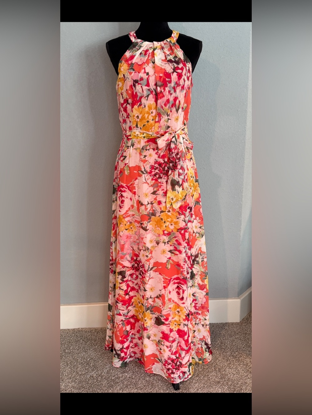 R&K Pink and Coral Floral Maxi Dress with Tie Waist